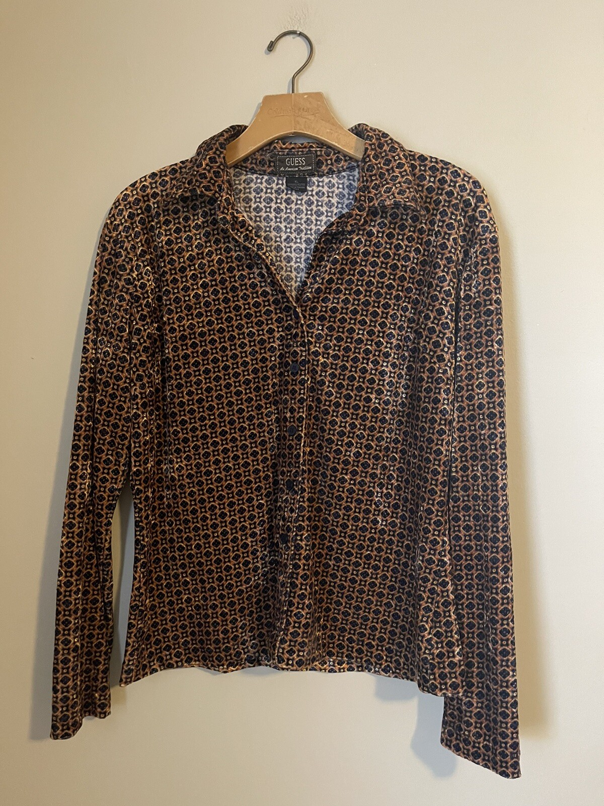 Vintage Blouse By GUESS Brown With Black Designs Medium