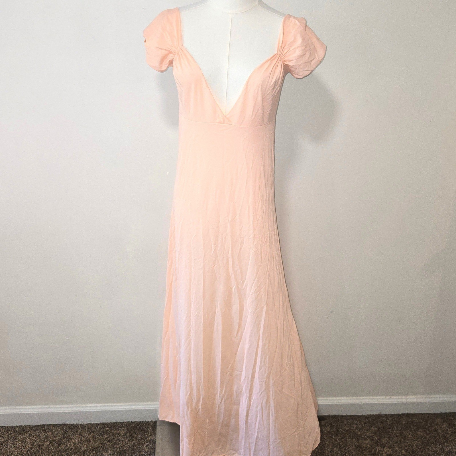 Olga Nightgown Dress Womens M Peach Vintage V-Neck Cap Sleeve Maxi Ribbed Nylon