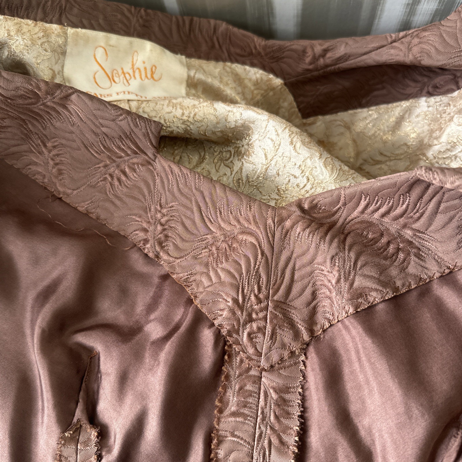 Sophie Gimbel Couture For Saks 50s Mocha Brown Silk Matelasse 3 Piece Skirt Suit