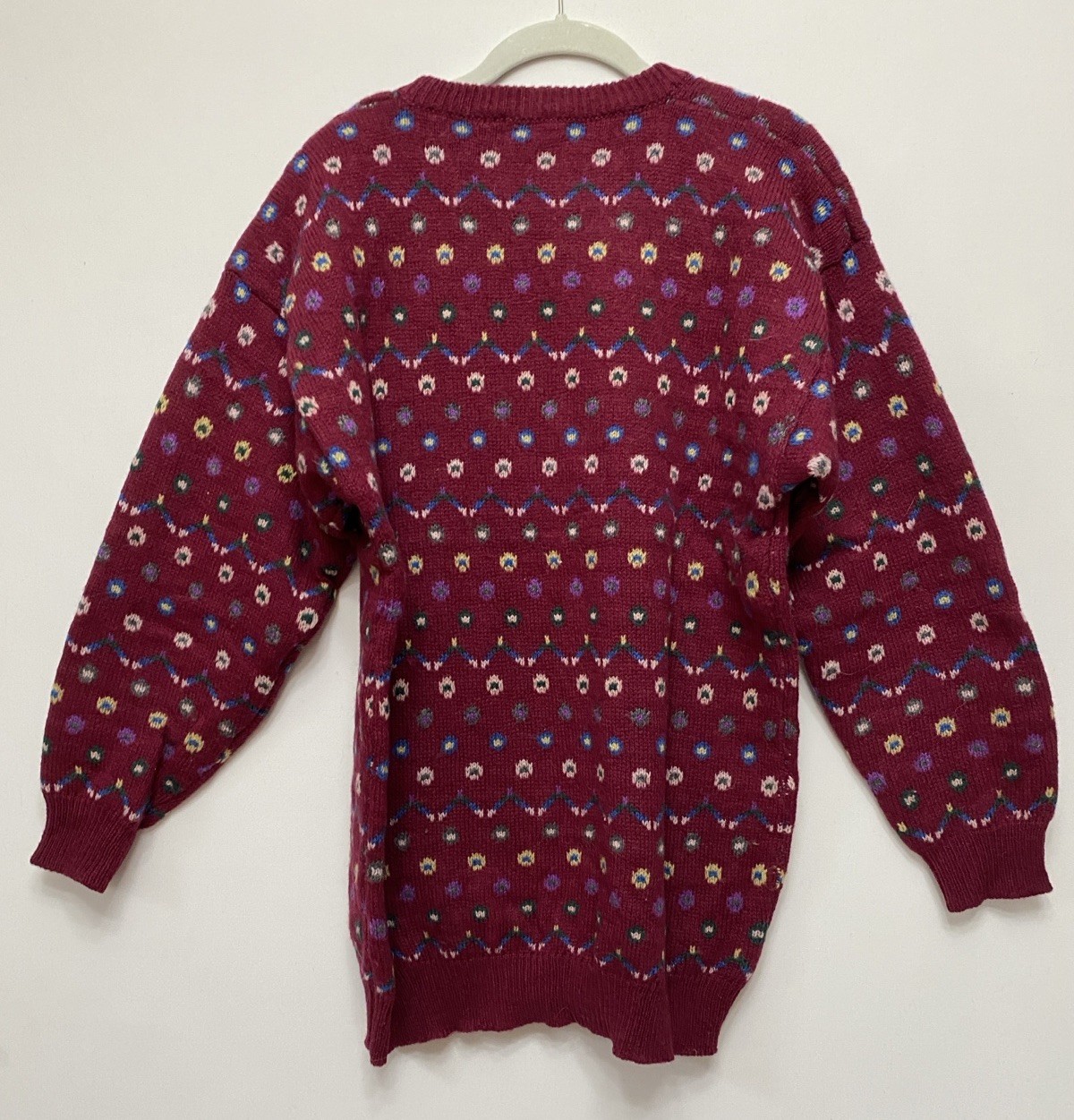 Vintage Crazy Horse M 100% Wool Oversized Sweater Burgandy Print