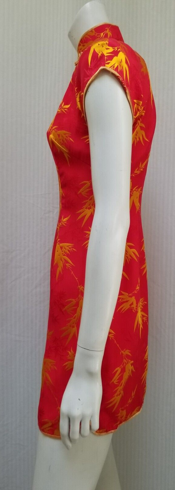 Vintage Red Yellow Satin Bamboo Jacquard Cheongsam Mini DRESS – Size S – EUC