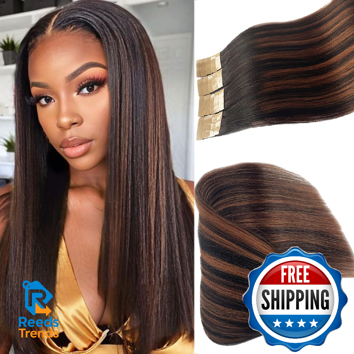 Tape in Hair Extensions Ombre Brown Highlight Light Yaki Straight Real Remy Huma