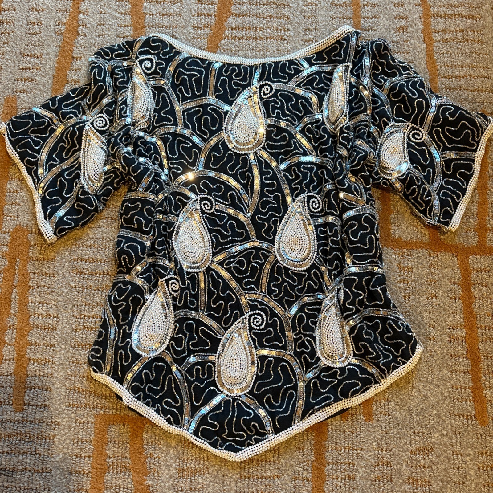 Vintage 80s Silk Beaded Blouse Statement Top Black Silver Pearl Sequins Sz S/M