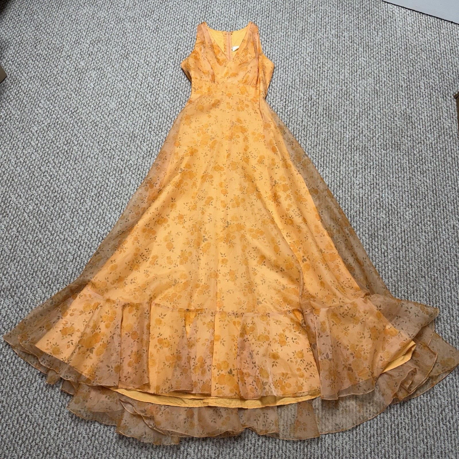 VTG 70s Maxi Dress S Floral Convertible Ruffle Cascade Bustle Train ILGWU USA