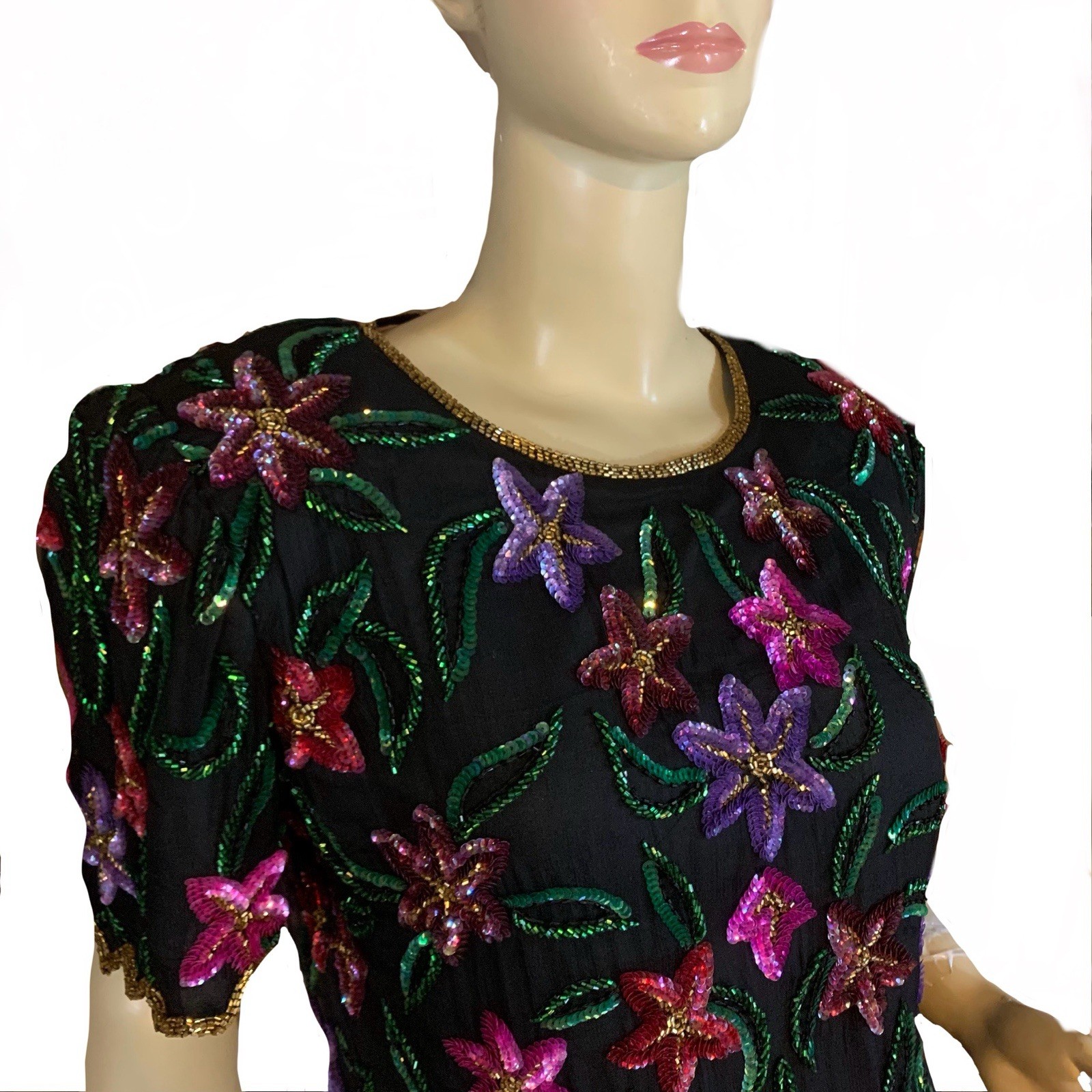 VINTAGE CIRCA 1980’S LAURENCE KAZAR MULTI COLOR FLORAL & BLACK SEQUIN TOP SZ LG