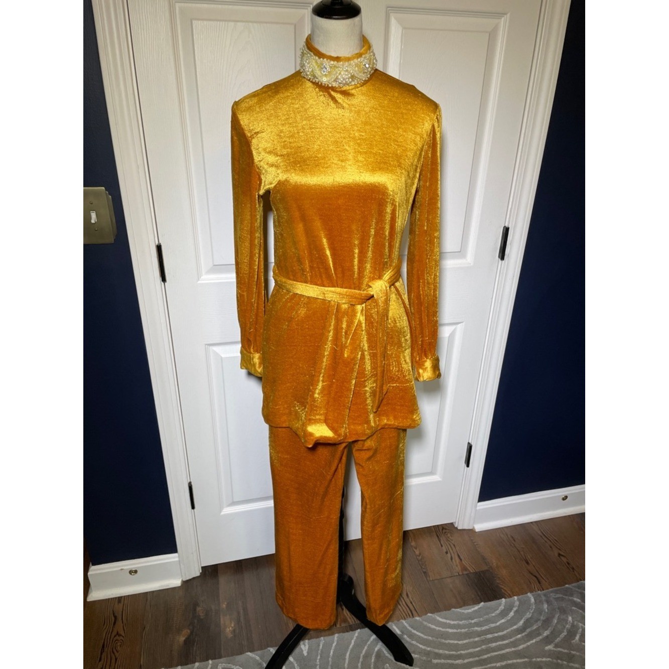 Vintage Golden Velvet Two-Piece Set with Embellished Beaded Collar 60s 70s
