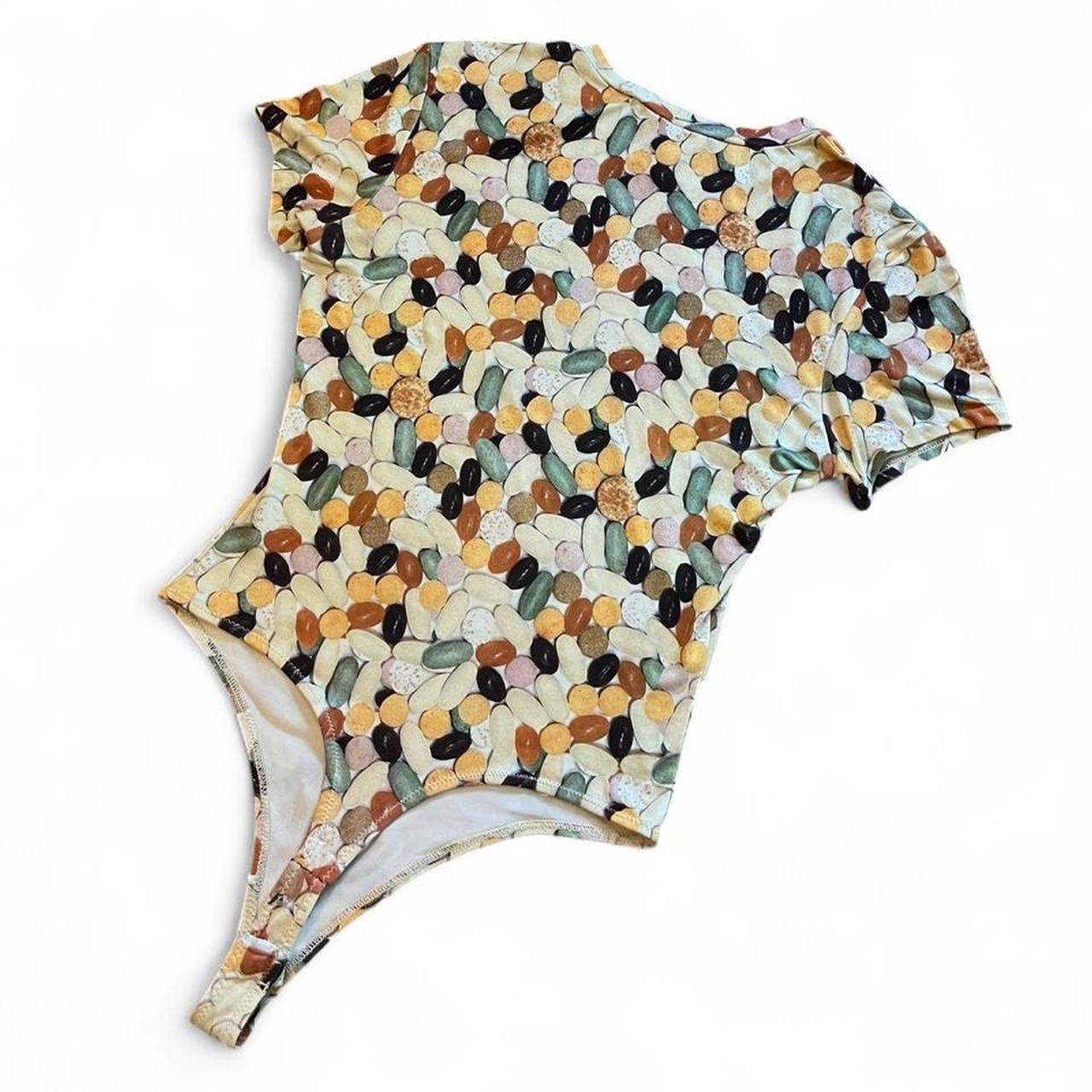 NICOLE MILLER • 1990s RARE VINTAGE GRUNGE STRETCHY VITAMIN PHOTO PRINT BODYSUIT