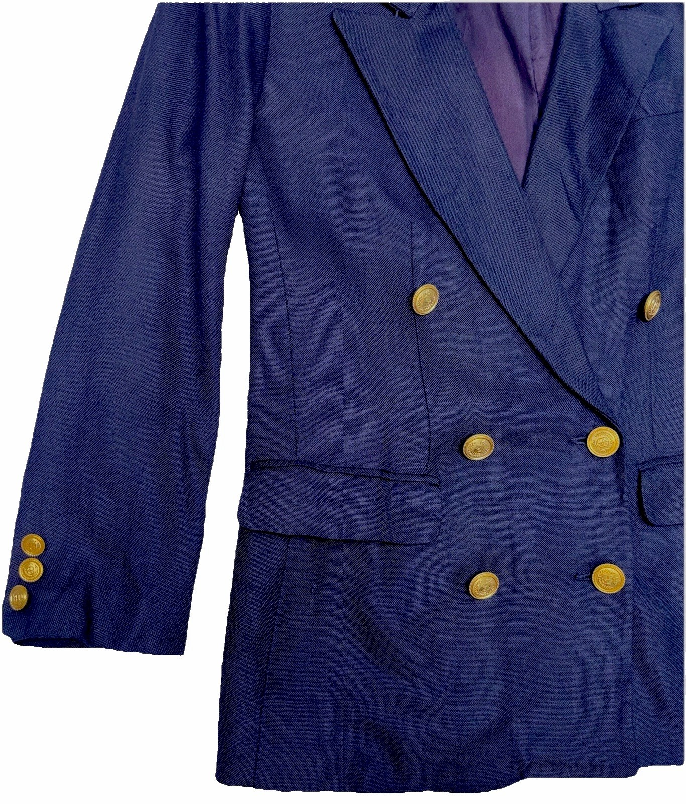 VTG Liz Claiborne Women Size 12P Double Breasted Gold Button Rayon Blazer Navy