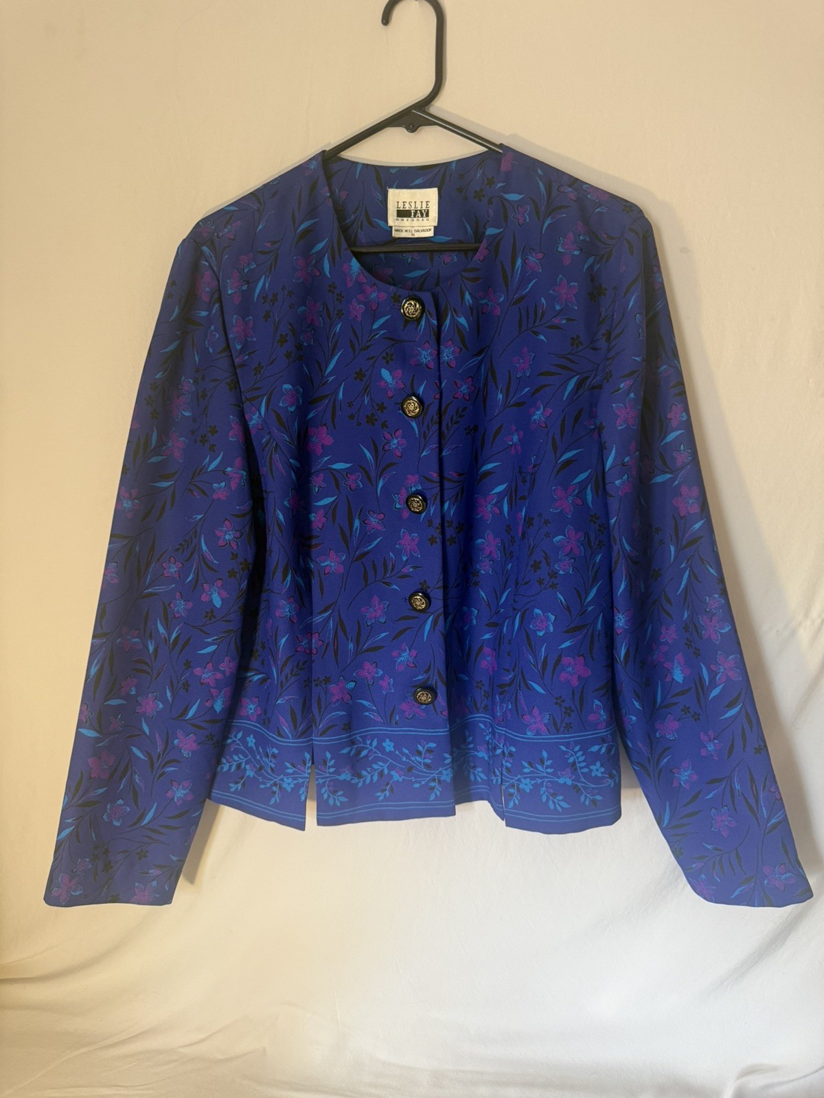 Vintage LESLIE FAY Blue Floral Crop BLAZER JACKET LONG SLEEVE Size 16 EUC