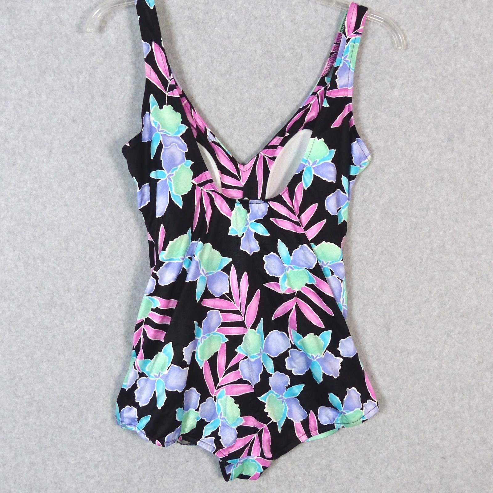 Vintage 70s 80s ILGWU Tropical One Piece Skirted Swimsuit V-Neck Shiny Sz 42 18