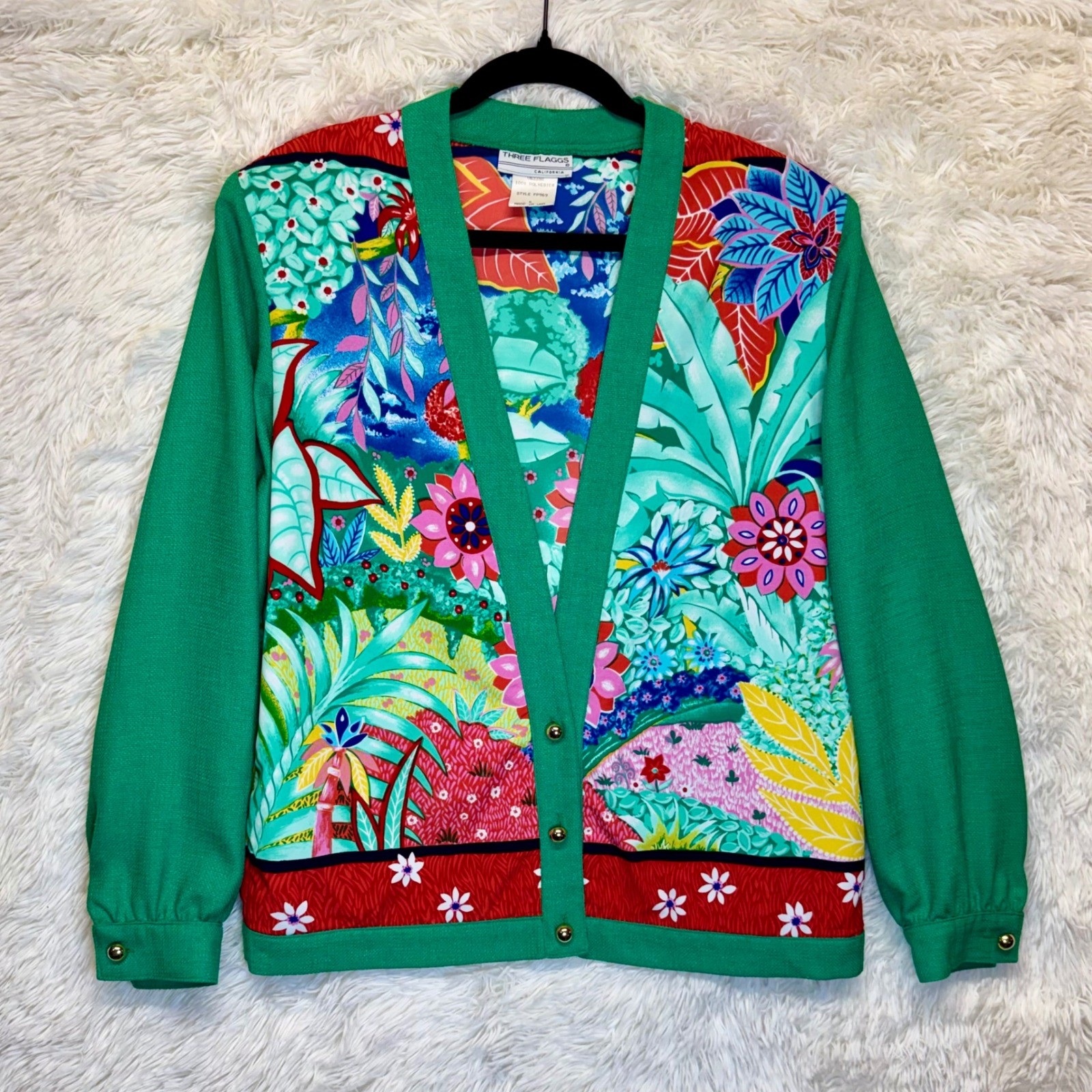 Vintage 80’s Three Flaggs Tropical Bold Floral Cardigan Green Gold Button Sz 6