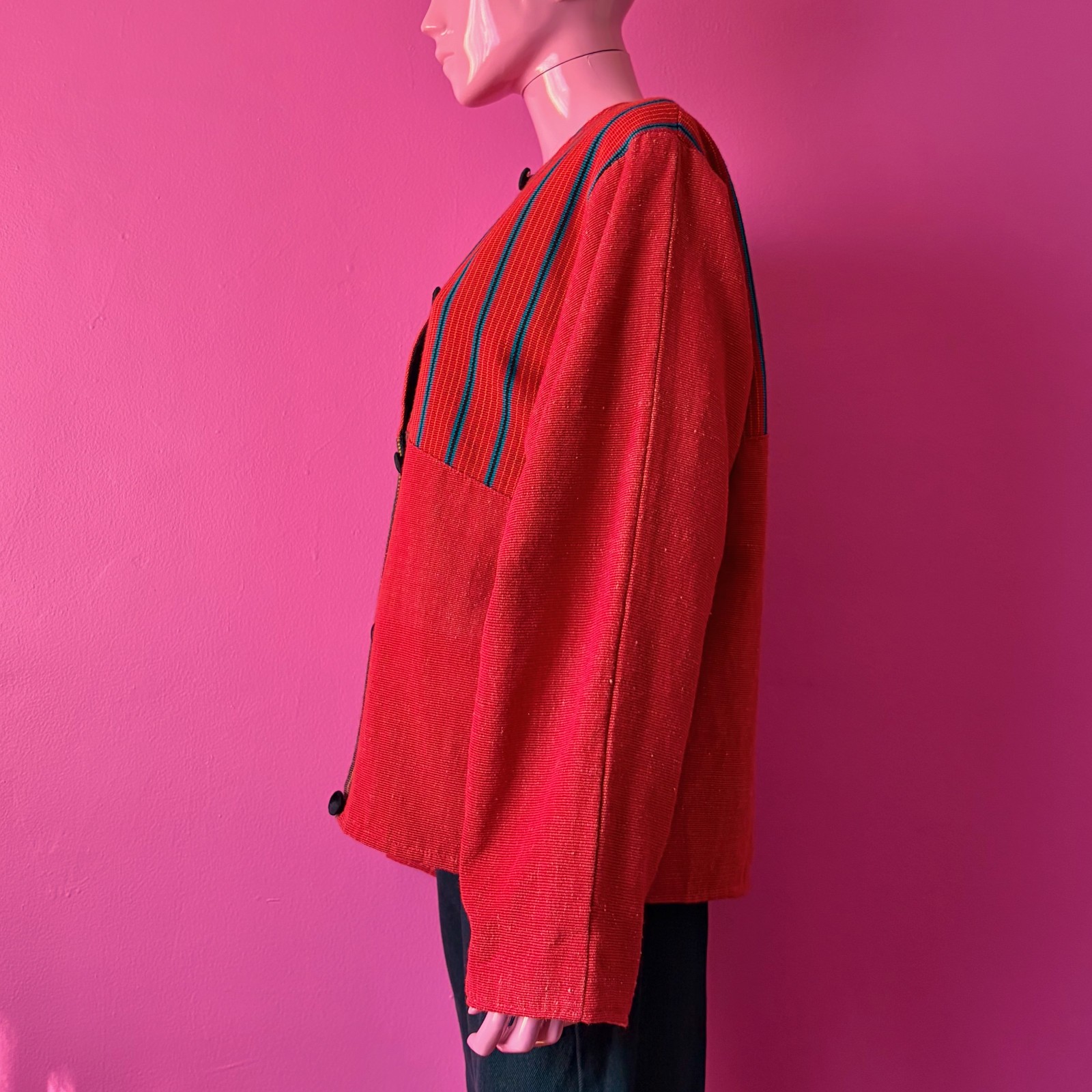 Vintage 90s XL Guatemalan Jacket Red Multicolor Handwoven Stripes Velvet Buttons