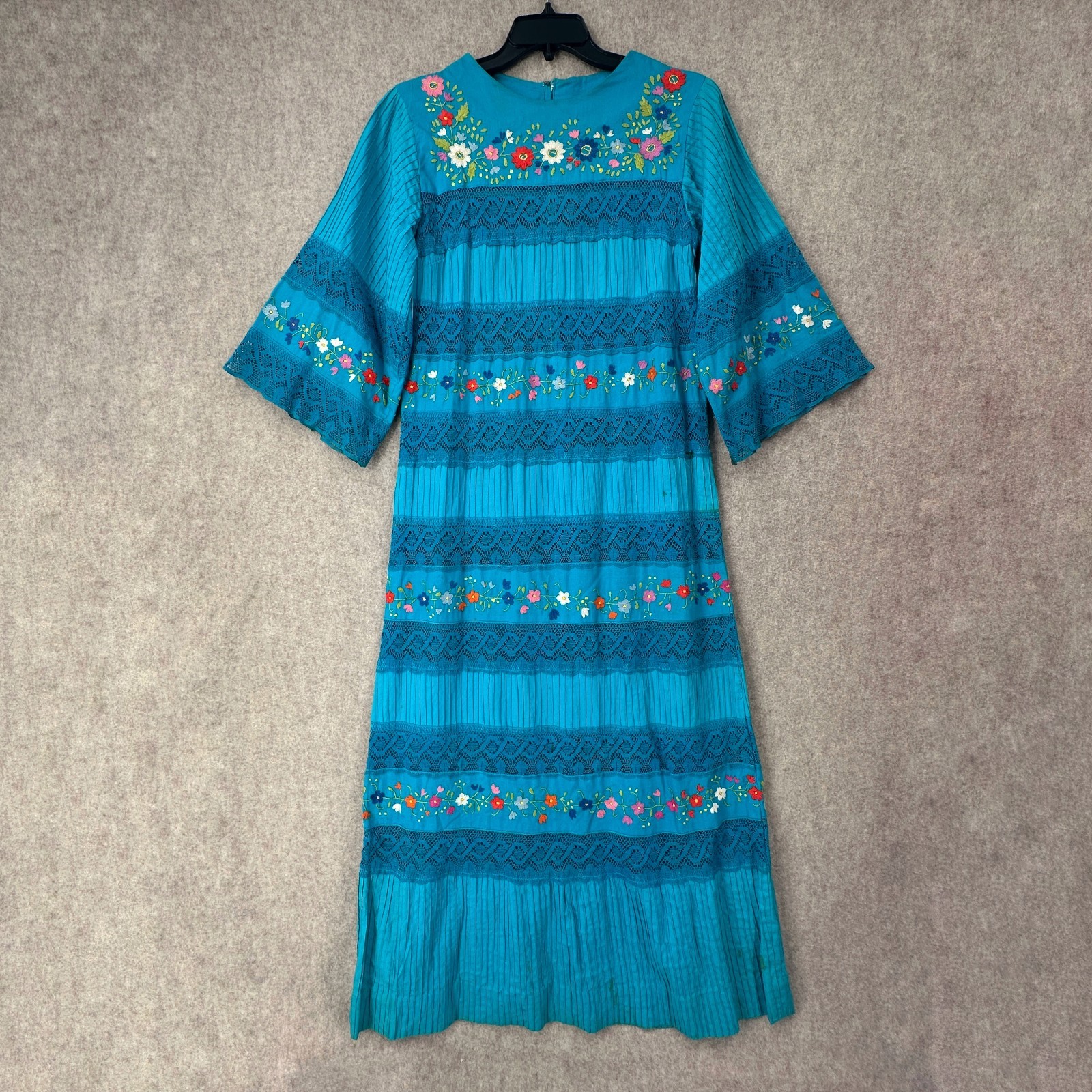 Vtg Handmade Embroidered Colorful Floral Dress Mexican Traditional Ethnic STAINS