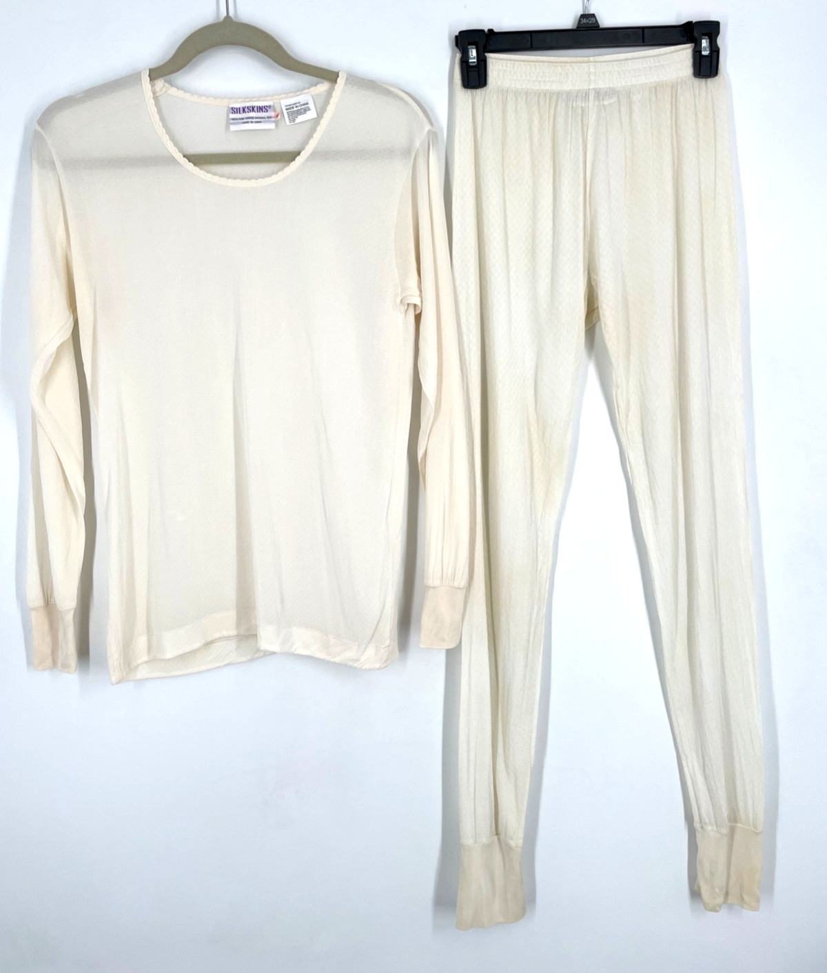 Silkskins women’s M Ivory 100% Pure Imperial Silk Pajama Top pants Set thermal