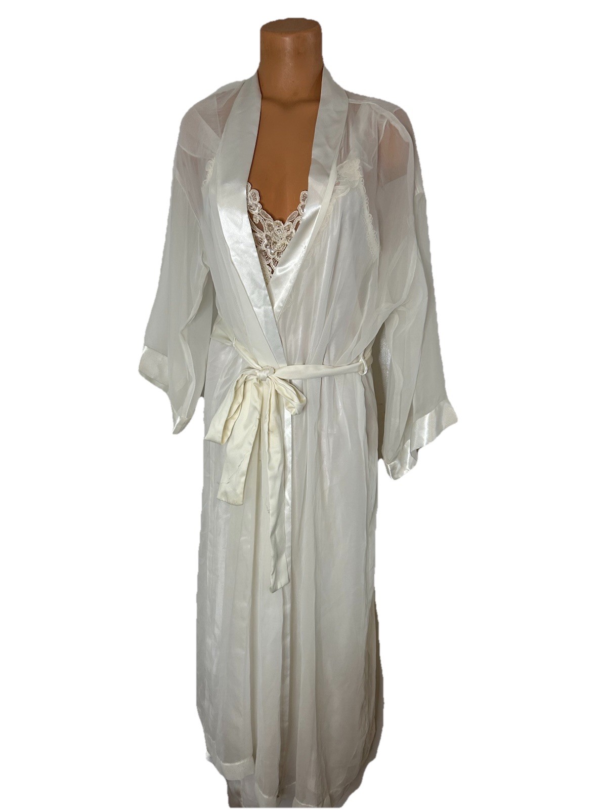 Vtg 90s 2 pc Dentelle White Satin Chiffon Lace Pearls Bridal Nightgown Sz L