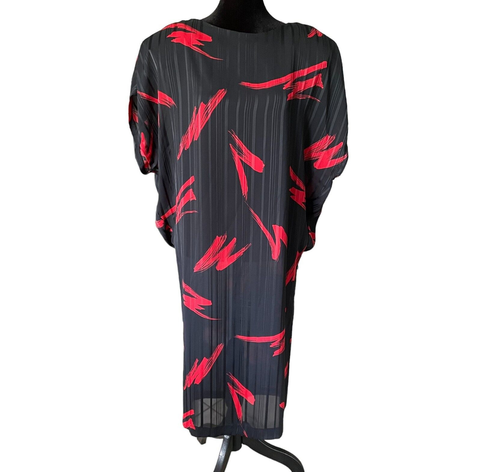 Vintage 1980s Aries II Black Red Print Midi Dress Size 3-4 Union Made in USA