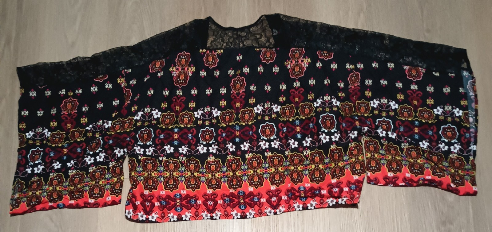 Vtg 70s Sheer Lace KIMONO Asian Indian Ikat Kaftan Jacket lounge boho hippy M L