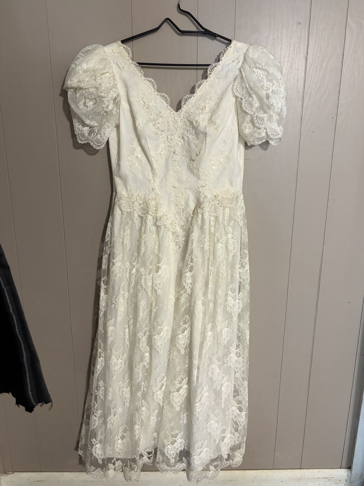1990’s Puff Sleeve Lace Midi Wedding Dress Cottage Core Sz 12
