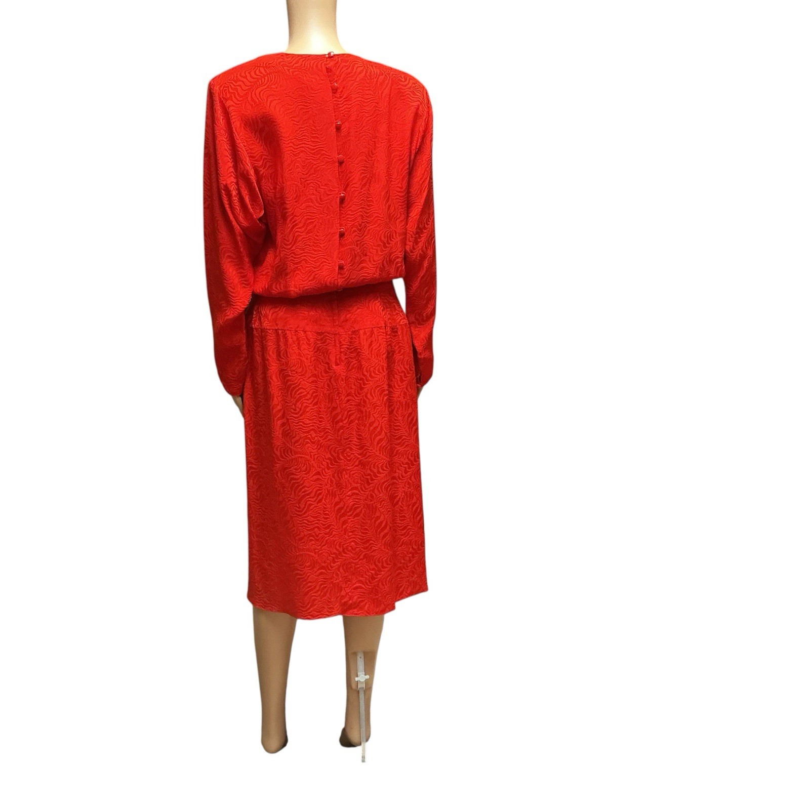 80s Liz Claiborne Red Silk Dress Floral Jacquard Blouson Modesty Career Midi
