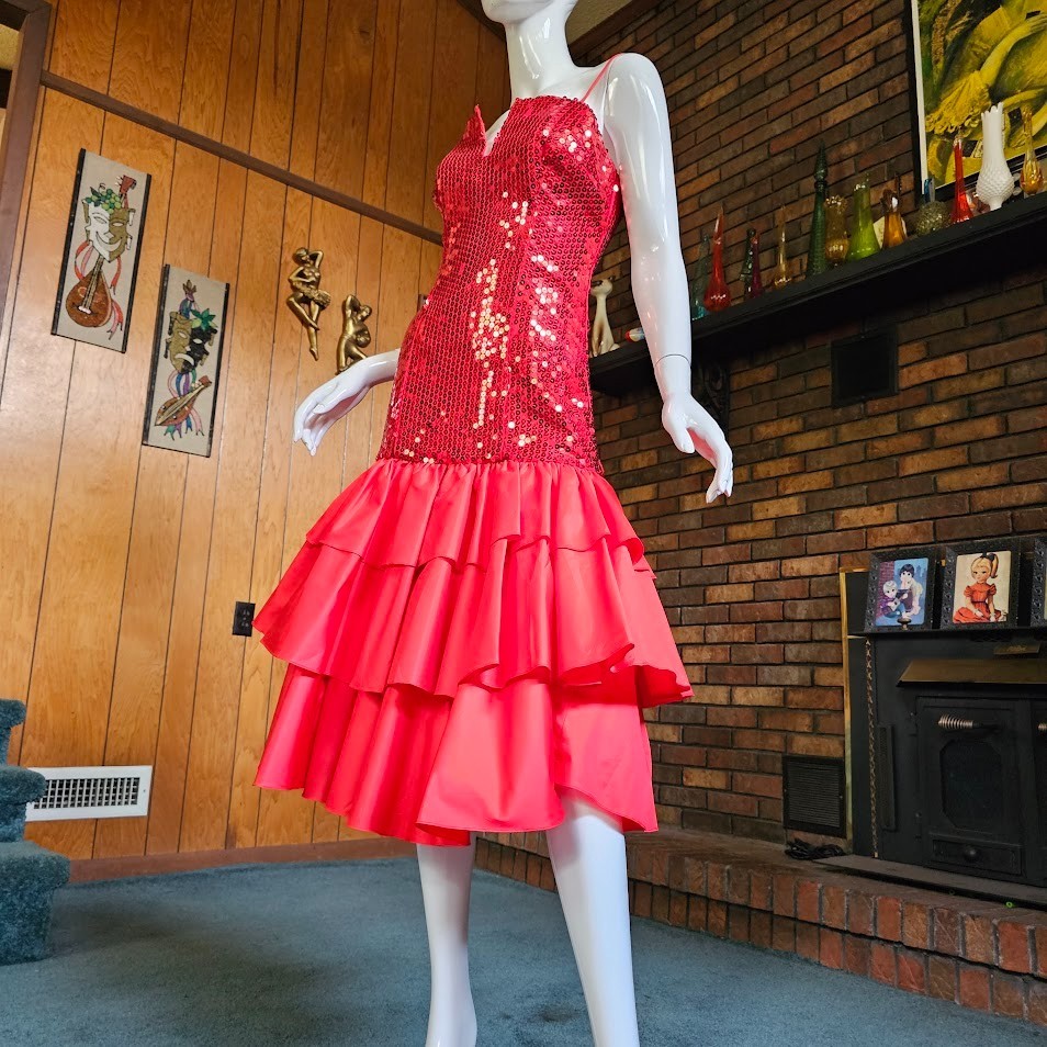 Vtg 80s Alyce New Wave Prom Drop Waist Mermaid Sequin Flamenco Party Dress S/M