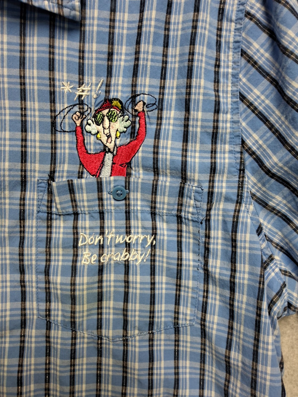 Maxine Plaid Shirt Blue Cotton Embroidered “Don’t Worry Be Crabby” Medium