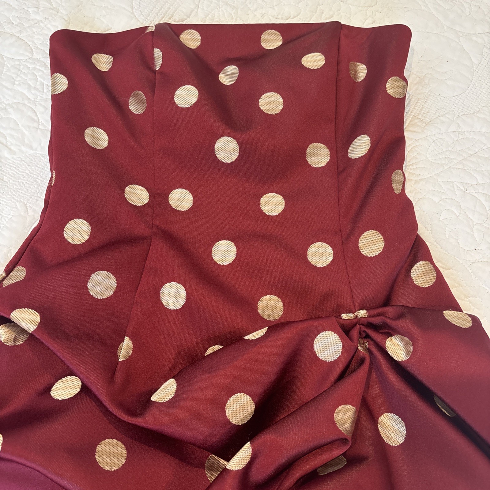VTG Jessica McClintock Strapless Polka Dot Dress Burgundy Gold USA 1990s Y2K