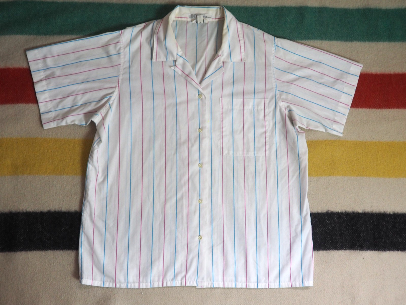 VTG 80s Alicia White Pink Blue Striped Polycotton Loop Beach Summer Shirt L