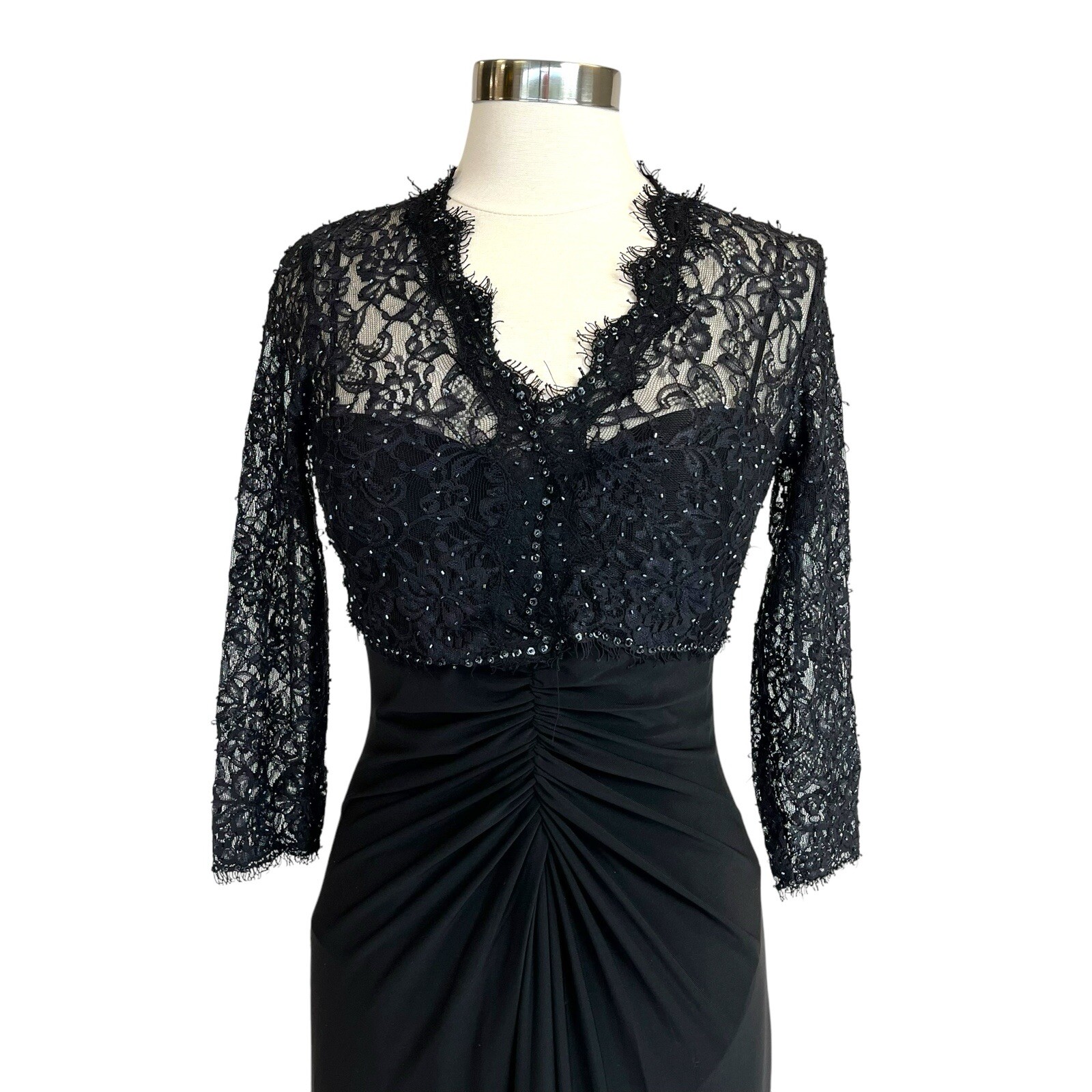 Vintage 2000s Y2K Cachet Black Beaded Lace Ruched Gown Long Dress NWT Size 8