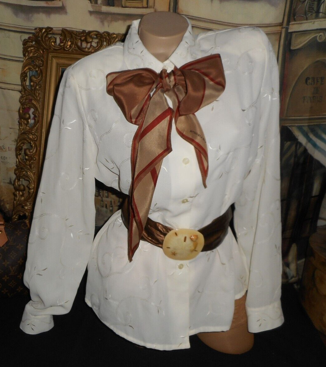 14 Blouse Ivory Wht Embroidered Crepe L/S & Silk Liz Clairborne Pussy Bow Scarf