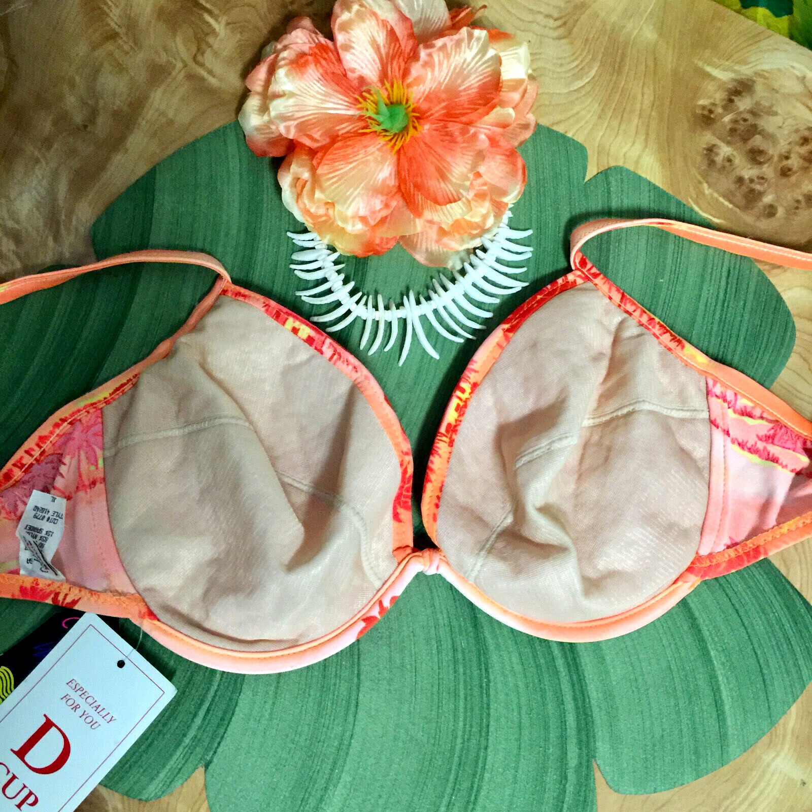 NWT-VINTAGE 80s CALIFORNIA WAVES CORAL TROPICAL UNDER WIRE BIKINI TOP-XL/D CUP