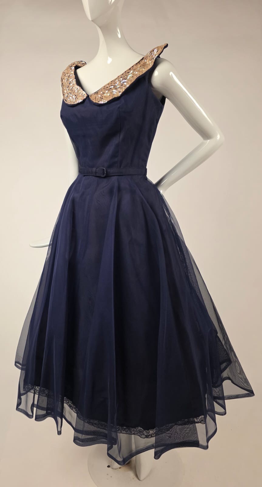 VINTAGE 1950’S BLUE ORGANZA OVER TAFFETA PARTY DRESS W SPARKLING SEQUIN COLLAR