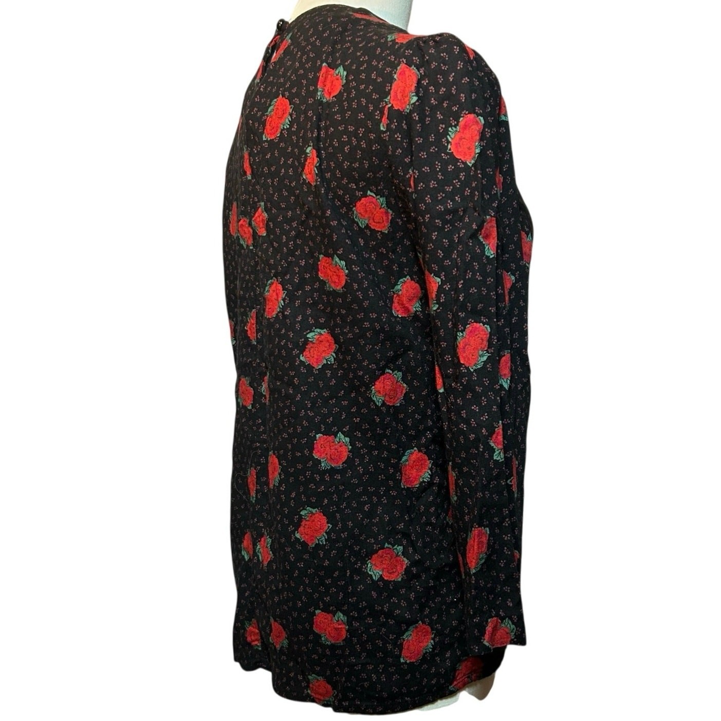 VTG Ms Interpret Black Red Rose Polka Dot Rayon Blouse 12 Whimsygoth Grunge Goth