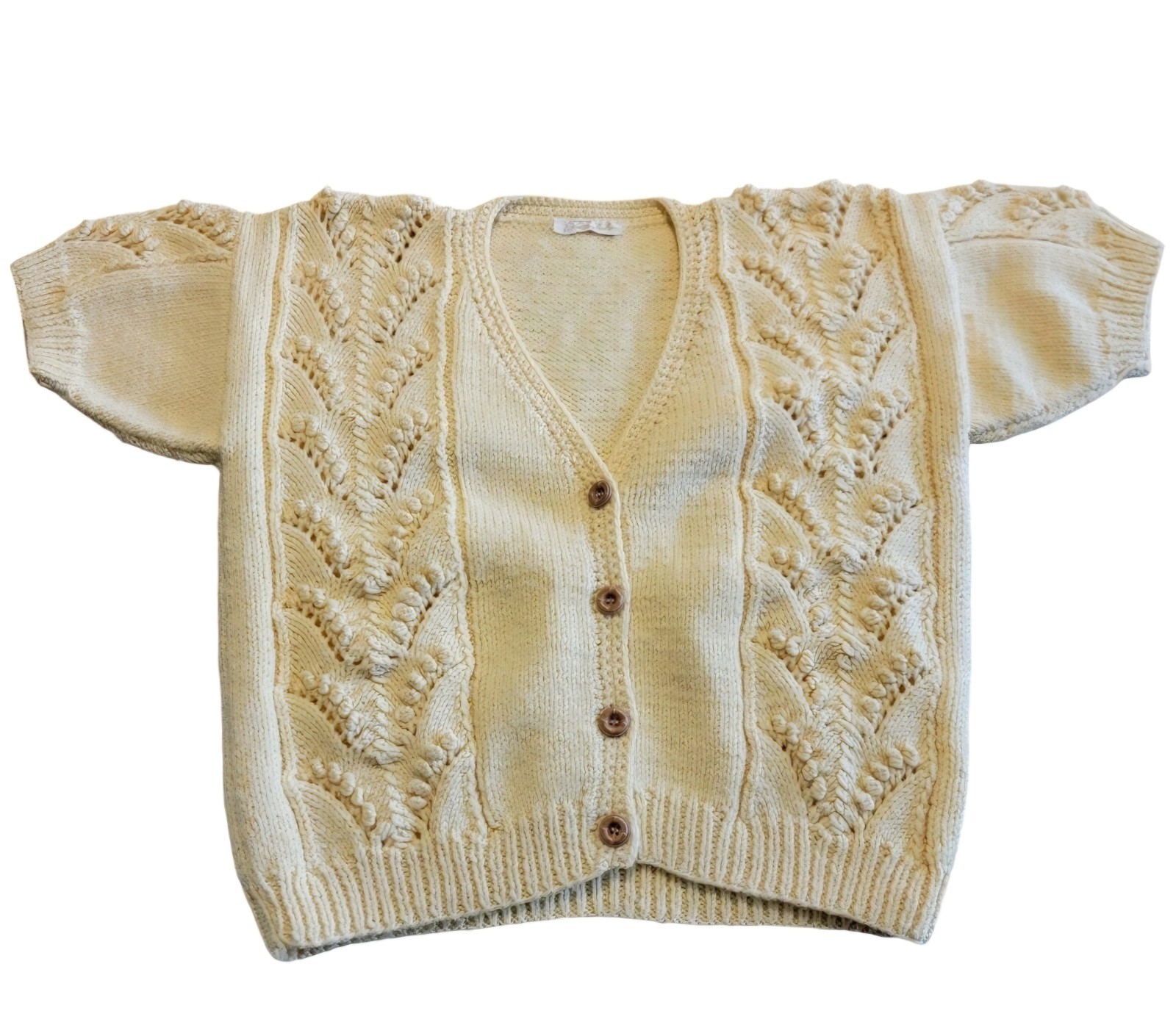 Vintage Hand Knit Wool Cardigan Sweater Cable Knit Beautiful Buttons Sz M / L