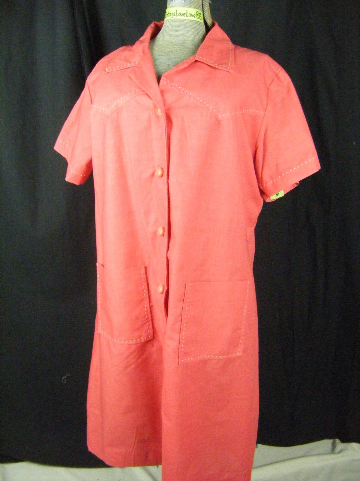 TOP MADE Vtg 70-80s Red White Stitches 60s Style Shirt Dress-Bust 49/L-XL