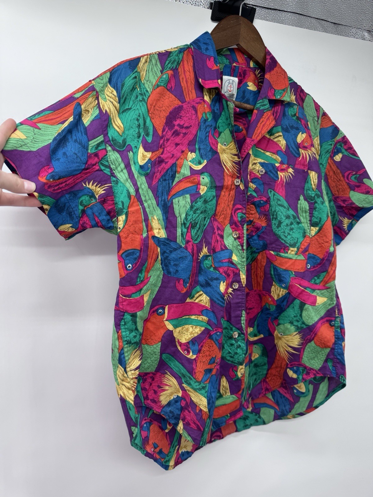 Vtg tropical bird pattern shirt abstract colorful JG Hook size 4 button up artsy