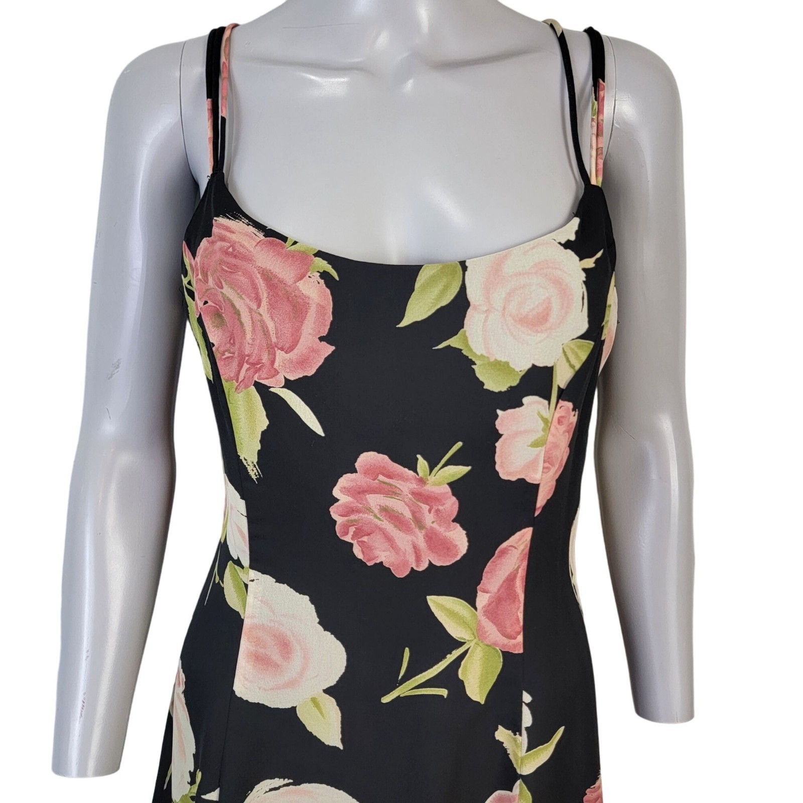 Vintage 90s Floral Mini Dress Medium 10 Petite Black Pink Shift Formal Party Fun