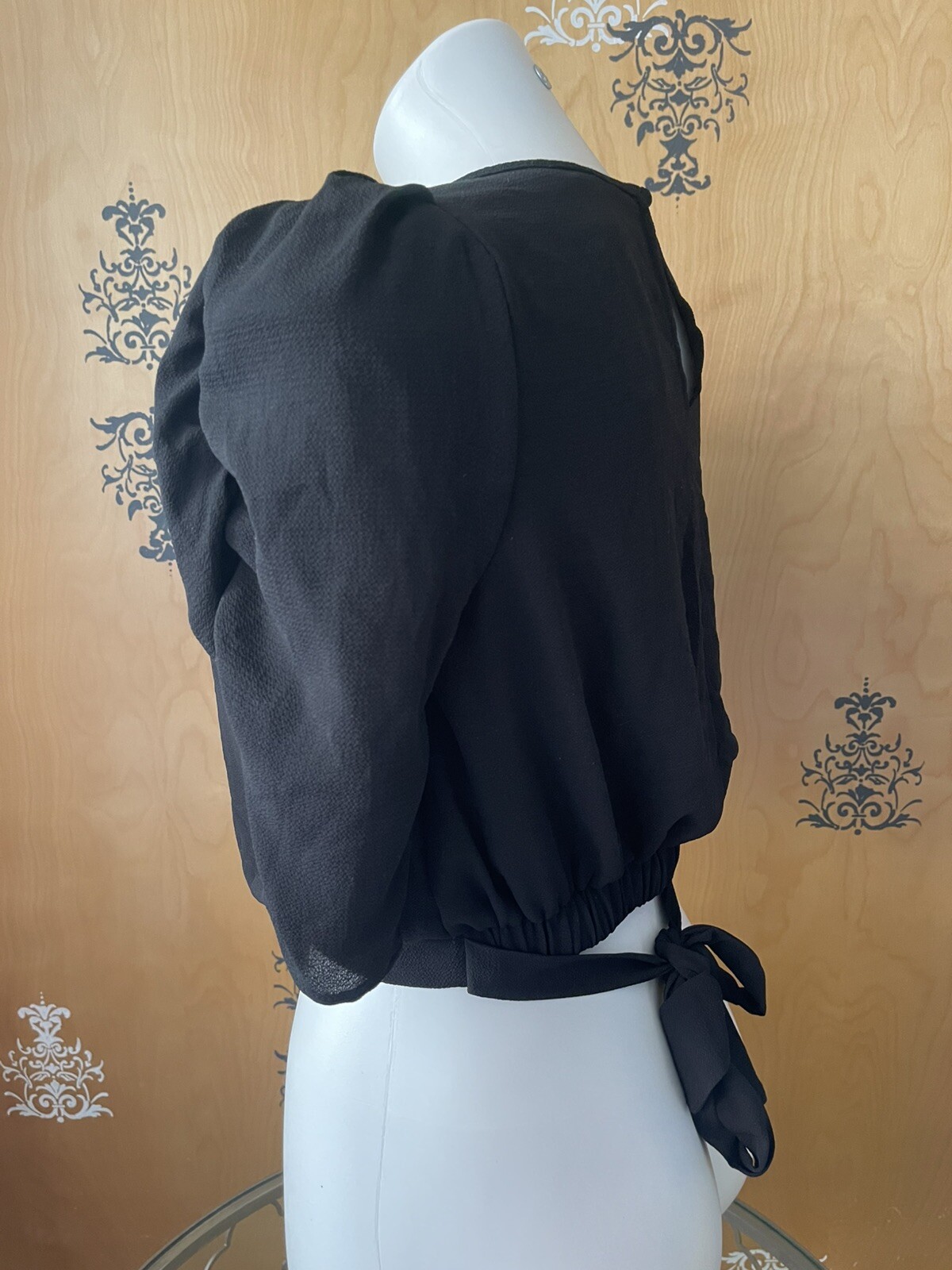NWT Y2K 2000 Peplum Blouse Crop Top 1/2 Sleeve Adjustable Tie Strings Black S/M