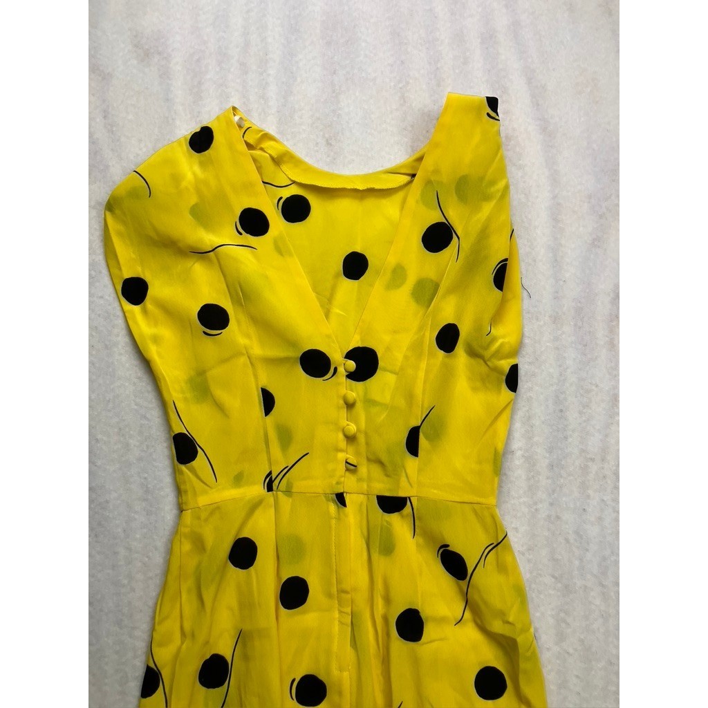 Sterling Silver Vintage Yellow Polka Dot Ruffle Hem Midi Dress Womens 0/2 80s 90