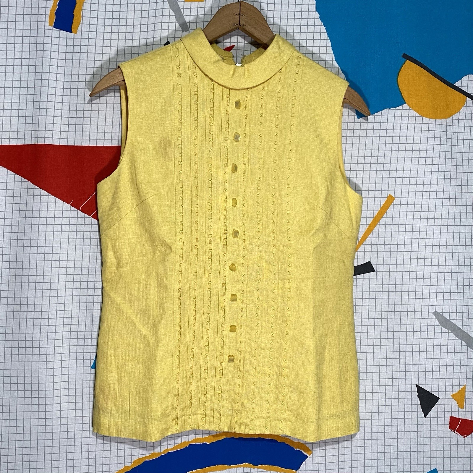 Vintage 60s Yellow Linen Shirt Blouse Sleeveless Mod Pleated Button Front Zip