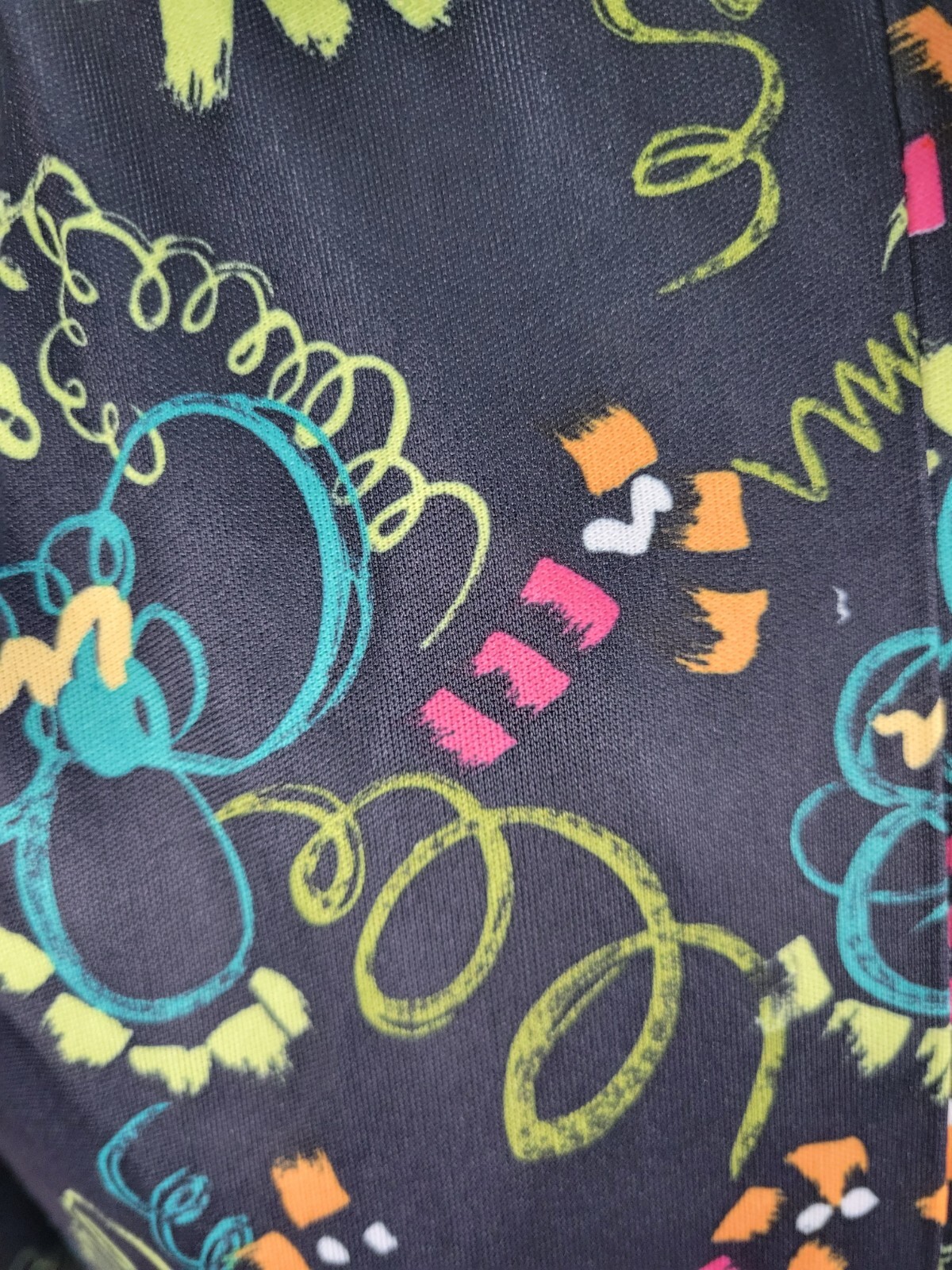 Vtg Black Dress w Pink/Yellow/Lime/Teal/Orange Abstract Design 36″ Bust Size SM?