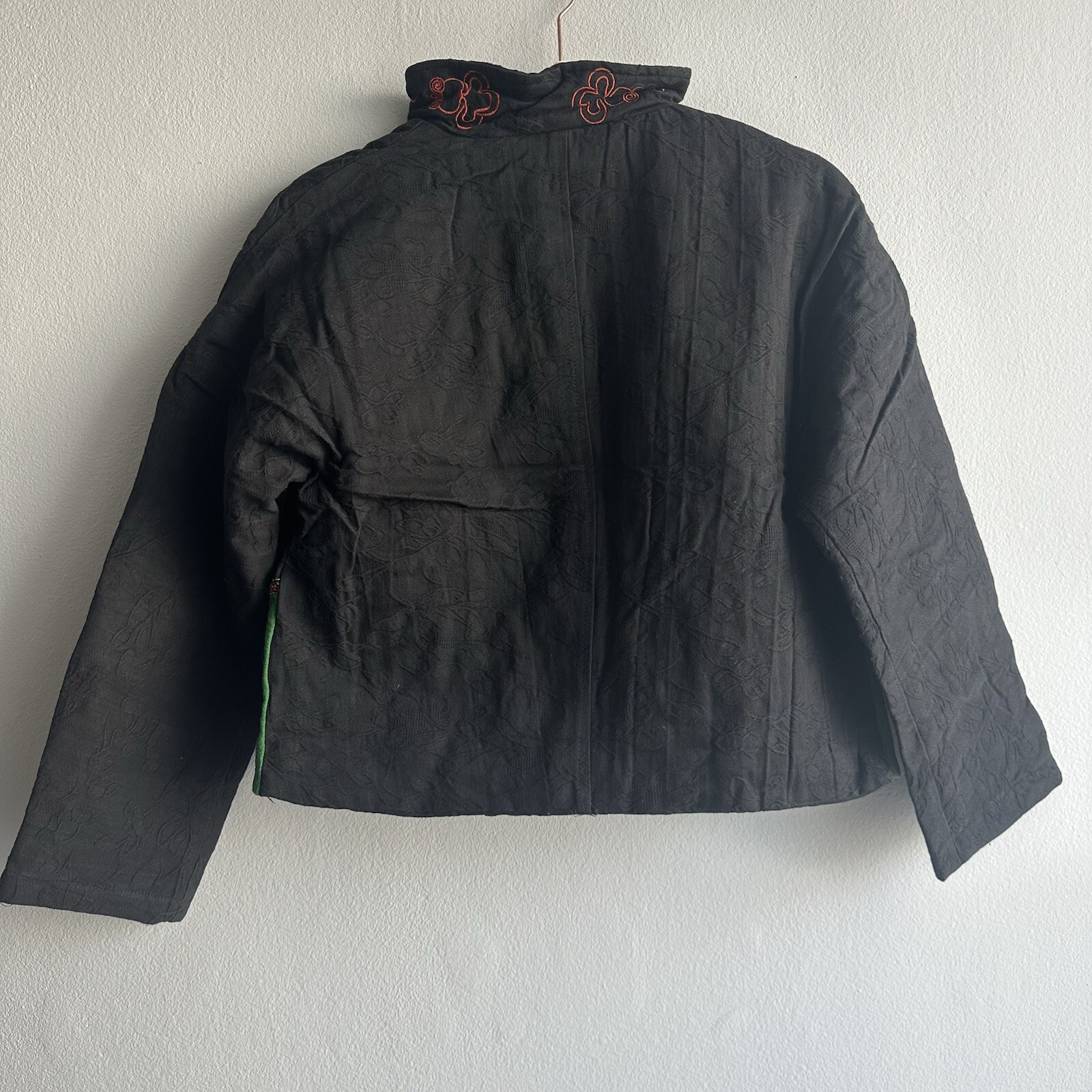 Vintage 100% Cotton Hand Embroidered Oriental Collar Crop Jacket w/ Frog Buttons