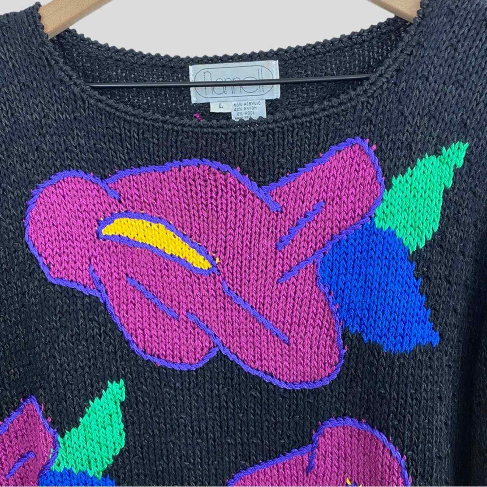 Vintage Black Vibrant Multicolor Floral Knit Sweater