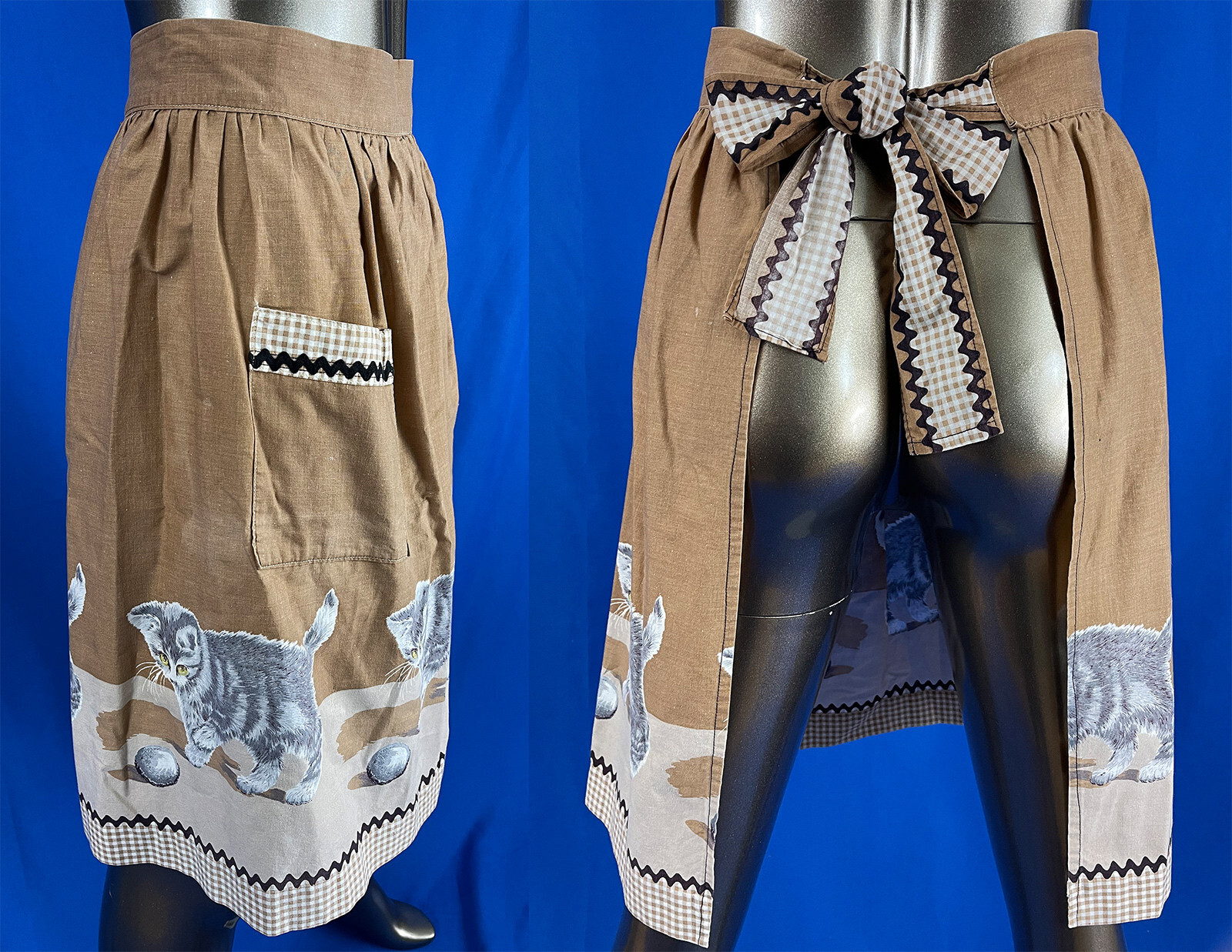 Vintage Brown White Gingham Cotton Gray Kitty Cat Novelty Print Half Apron Skirt