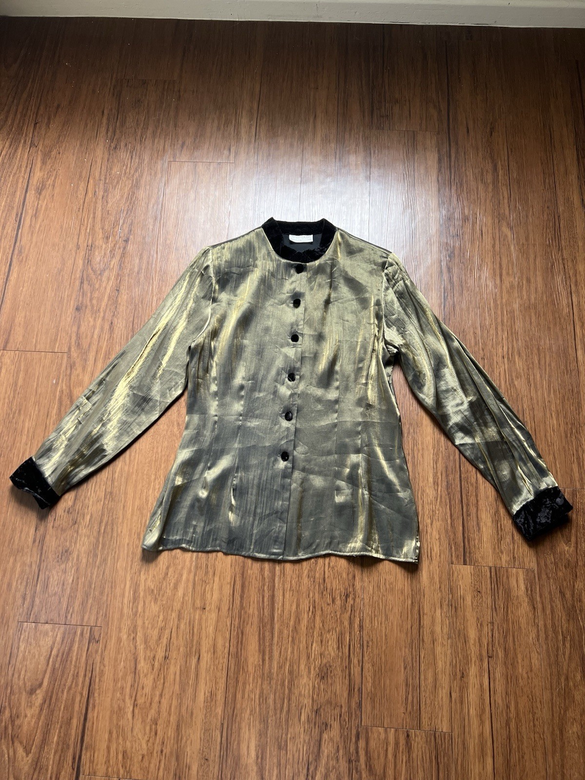Vintage 90s Evening Blouse Shirt Long Sleeve Metallic Black Gold Mandarin Velvet