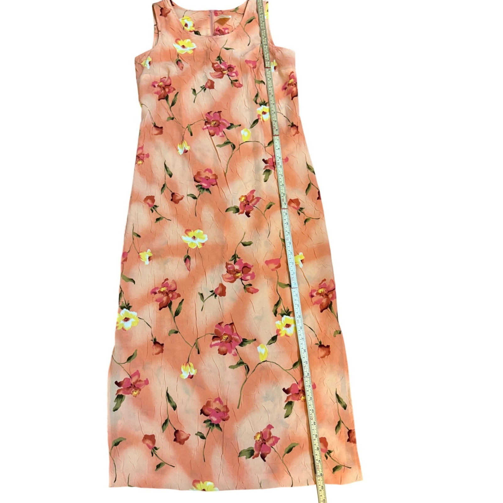 Vintage Peach Floral Crinkle Sleeveless Maxi Dress Pink Yellow Botanical