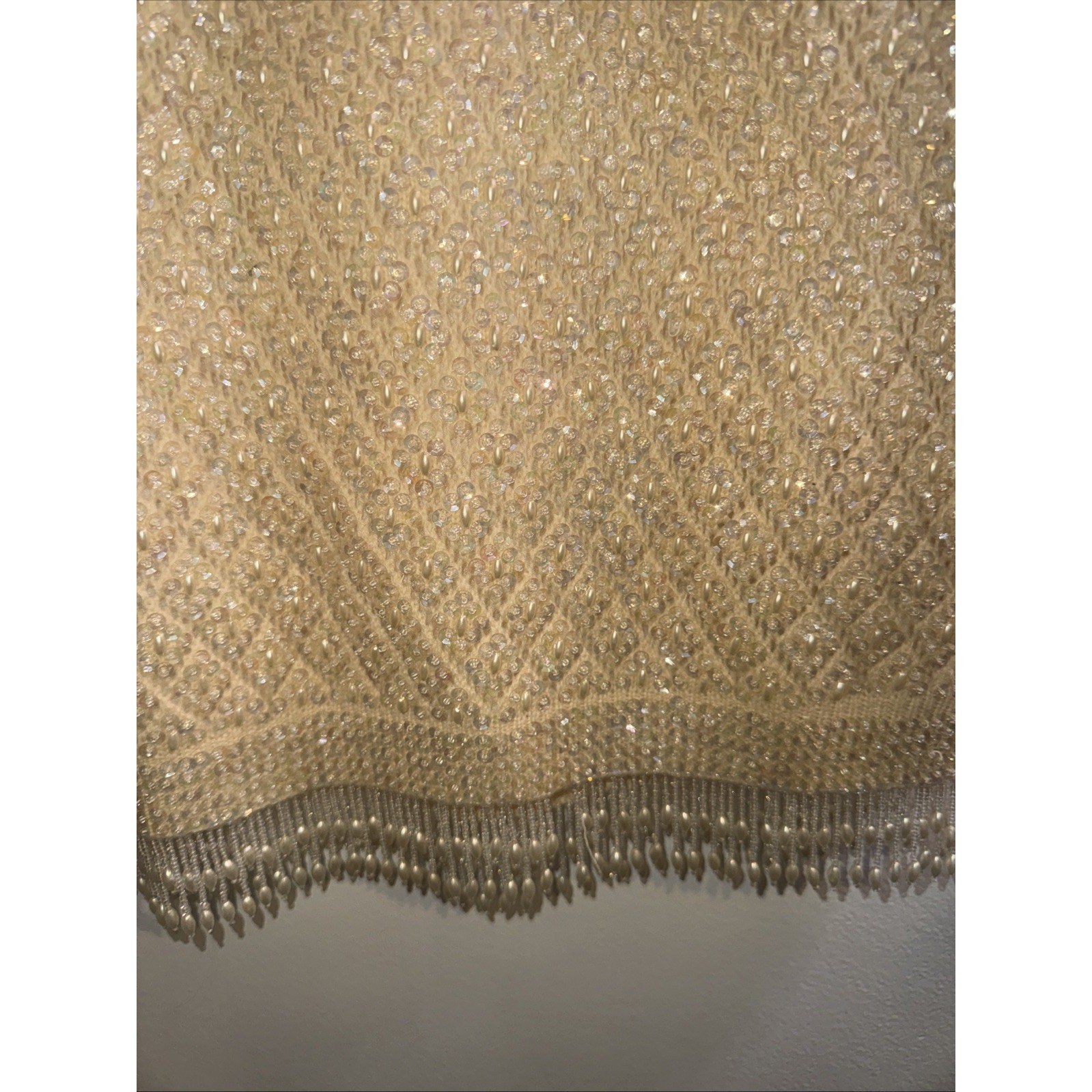 Vintage Beaded Sequin Knit Tank Top Cream Champagne Pearl Fringe Shell L
