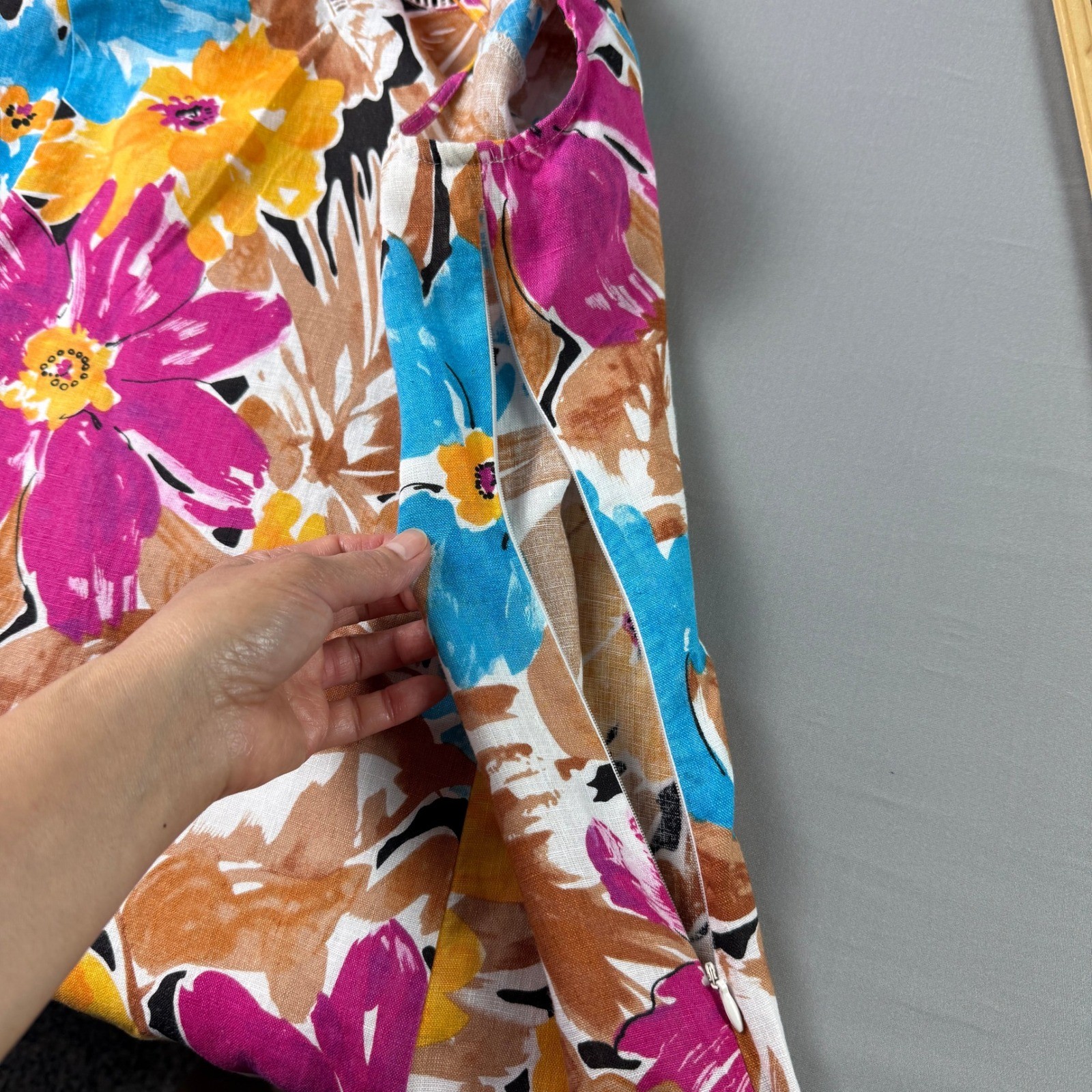 Vintage 90s Choices Multi Floral Linen Tank Dress L Sleeveless Lagenlook Artsy