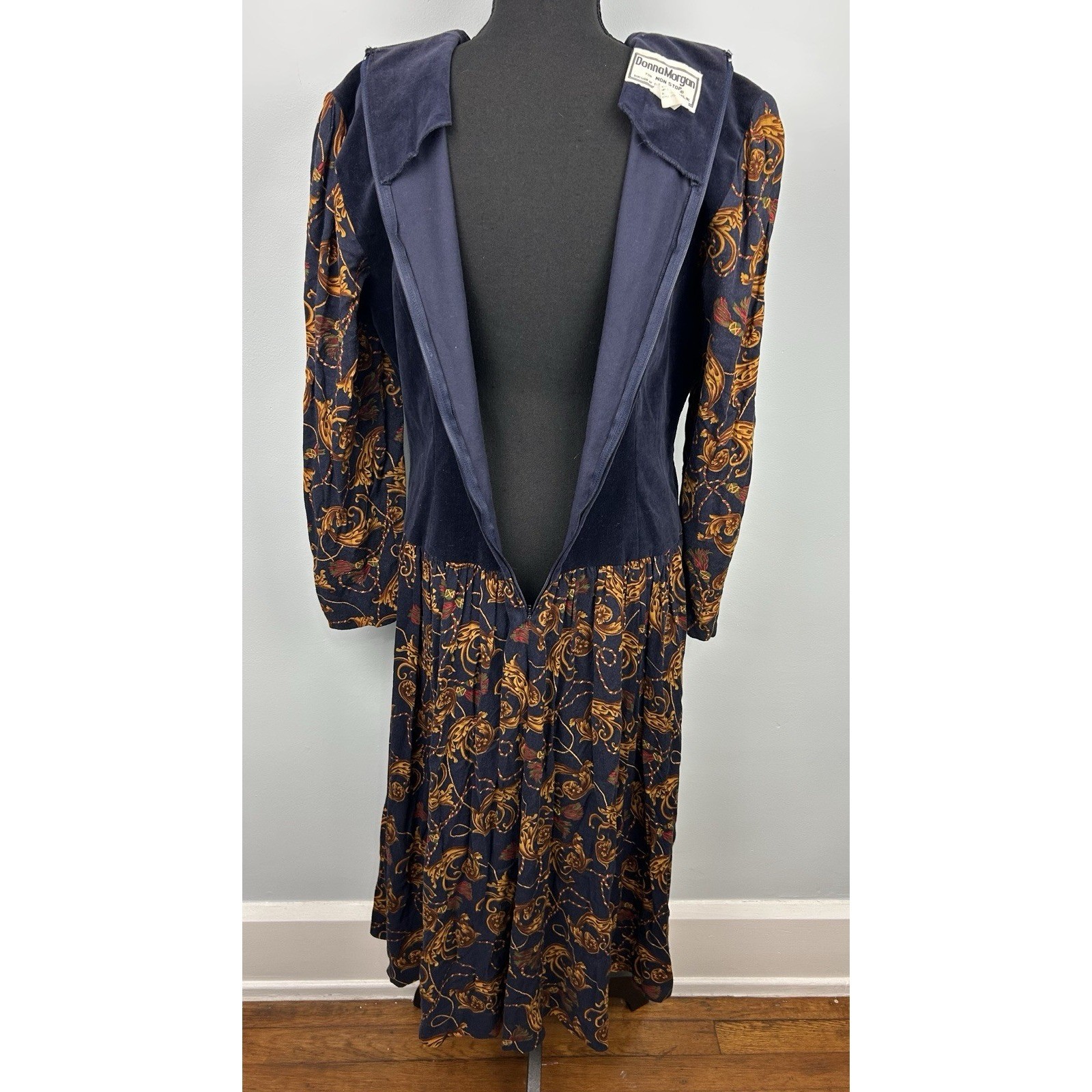 Donna Morgan Vintage Navy Velvet Paisley Midi Dress Gold Tassel 80s Size 11/12