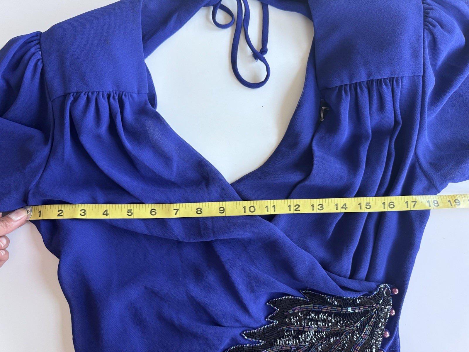 Vintage 80s Casadei Blue Long Sleeve Beaded Sequin Waist Fit Flair Midi Dress 10