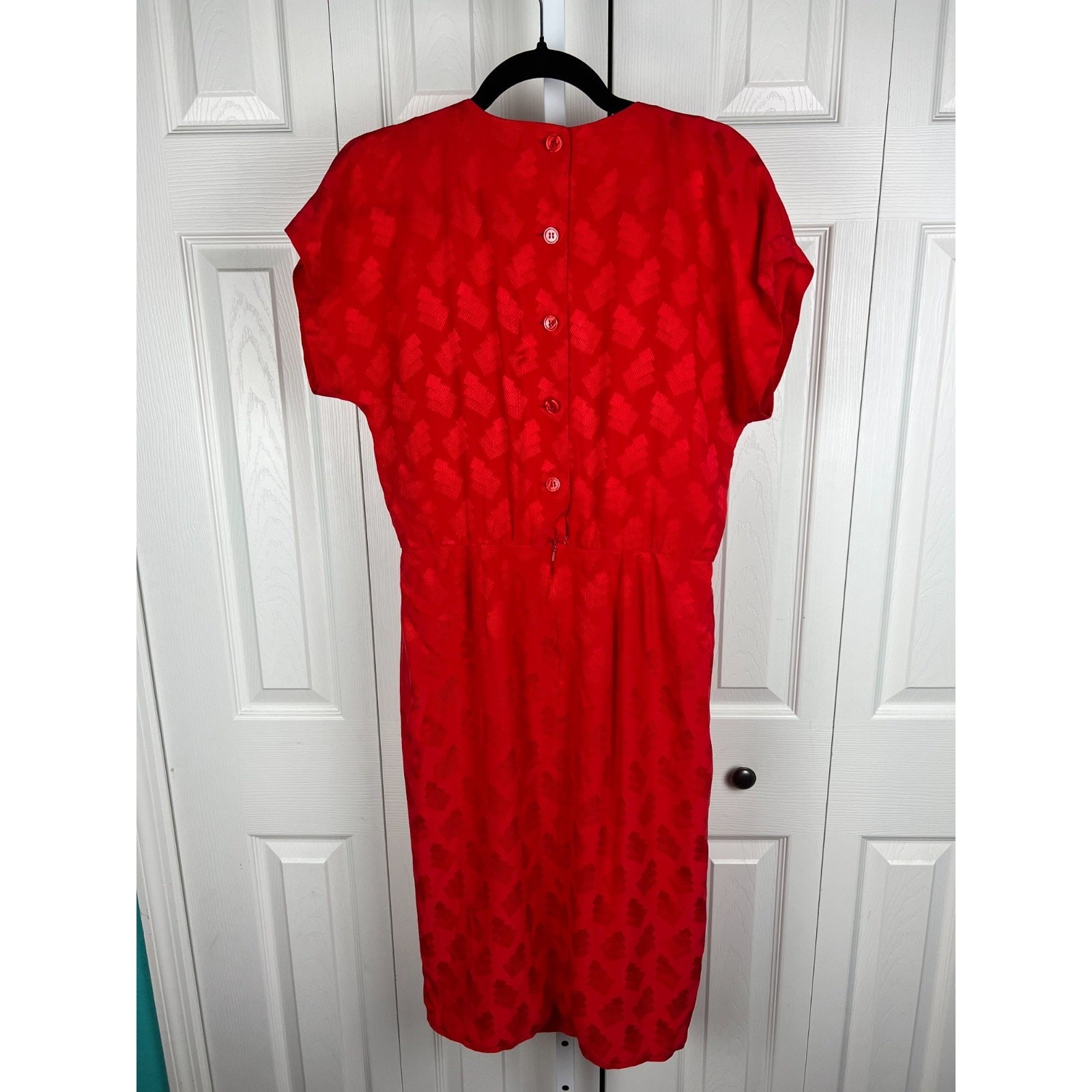 Vintage 80s Red Silk Blouson Dress Size 6 Textured Midi Faux Wrap